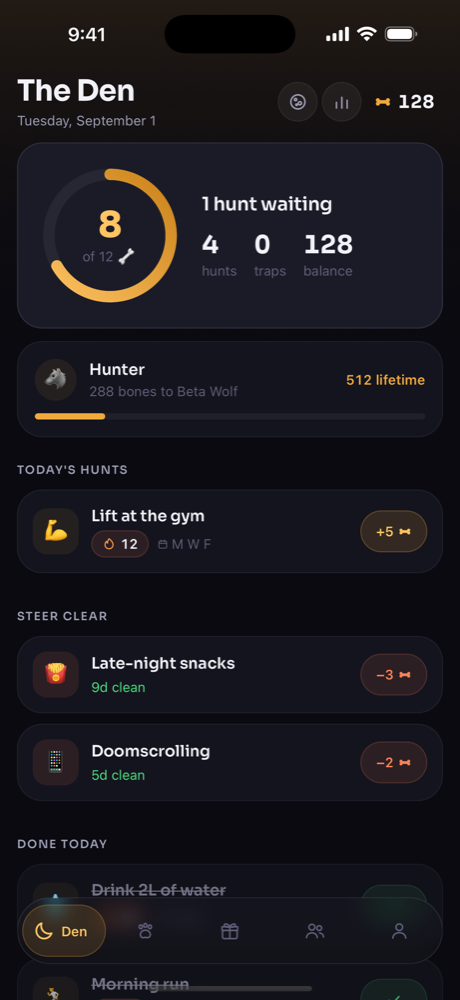 The Den — Packt's today view with a daily bone goal ring, streaks, and today's hunts